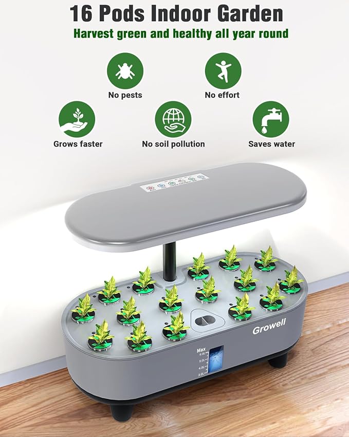 Growell Hydroponics Growing System Kit, 16 Pods Indoor Garden with 28W Full Spectrum LED Grow Light, Auto Timer, 3 Smart Light Modes, 8L Large Herb Garden, Ideal Gardening Gift for Women, Men (Gray)