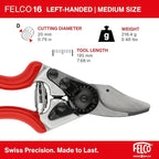 Felco F16 Pruning Shears – 7.7" Garden Clippers for Left-Handed Users with Bypass & Anvil Blades | Hand Pruners for Gardening | Garden Tool Cutter with Aluminum Handle, Lightweight Swiss Precision