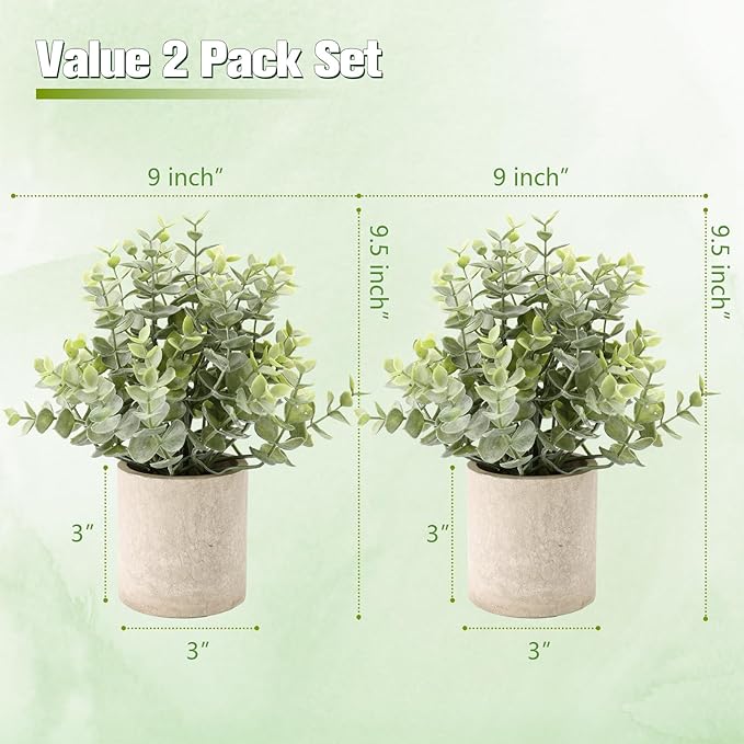 ALAGIRLS 2 Pack Small Fake Plants, 10" Artificial Eucalyptus Plants Indoor, Small Faux Plants in Pulp Pot for Bathroom Bedroom Kitchen Office Living Room Decor