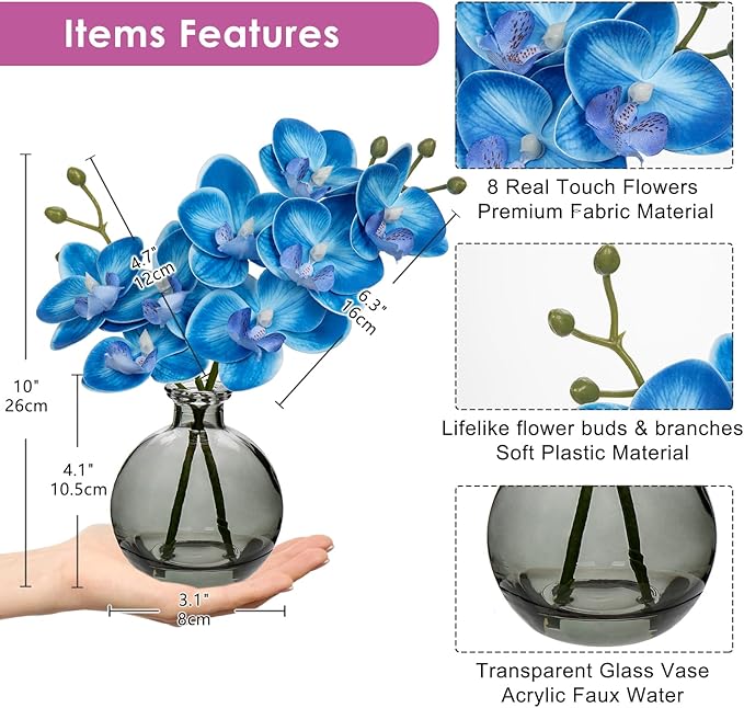 Oairse Blue Orchids Artificial Flowers Faux Orchid Arrangement with Black Glass Vase Set of 2 Real Touch Phalaenopsis Orchid Flowers Orchids Centerpiece for Dining Room Table