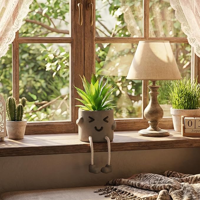 Cute Artificial Succulent Plant in Cement Pot with Hanging Legs - Kitchen Shelf, Bathroom, Office Wall Decoration, Mini Fake Succulents Decor Accents for Desk Shelf - Set of 1