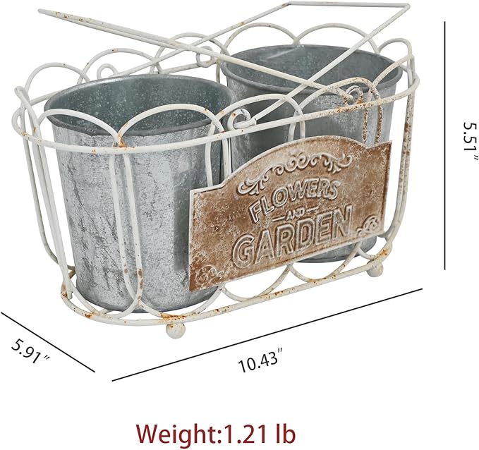 Vintage 2-Piece Metal Planter Set, Distressed White Iron Wire Basket with Flowers Garden Sign, Rustic Farmhouse Plant Pots for Tabletop, Window Sill & Balcony Decor