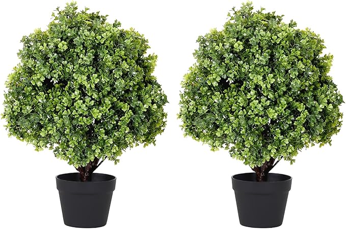 24" Faux Boxwood Plants Outdoor, Artificial Topiary Ball Trees Set of 2, UV Resistant Fake Potted Evergreen Realistic Greenery Bushes Shrubs for Outside Front Porch Planter Patio Indoor Decor 2ft Tall