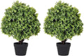 24" Faux Boxwood Plants Outdoor, Artificial Topiary Ball Trees Set of 2, UV Resistant Fake Potted Evergreen Realistic Greenery Bushes Shrubs for Outside Front Porch Planter Patio Indoor Decor 2ft Tall