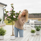 Garvee 4FT Artificial Camellia Tree, Faux Camellia Plant with White Planter and 24 Pink Flowers, 47" Fake Potted Flower Trees for Home and Office Decor, Pink