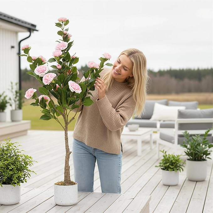 Garvee 4FT Artificial Camellia Tree 2 Pack, Faux Camellia Plant with White Planter and 24 Pink Flowers, 47" Fake Potted Flower Trees for Home and Office Decor, Pink
