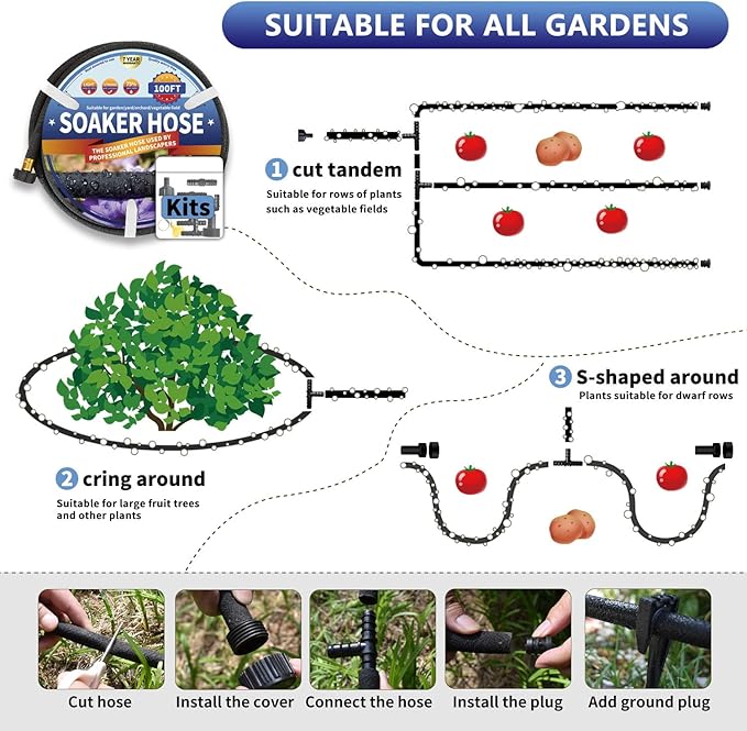 Soaker Hose 100 FT for Garden Beds, 1/2’’ Rubber Garden Soaker Hoses 100 FT with Connectors, Drip Irrigation Watering Hose for Vegetable, Tree, Lawn Yar (100 FEET)