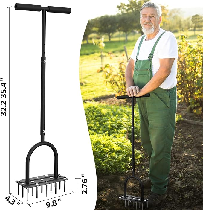 Aerator Lawn Tool Lawn Aerator -Heavy Duty Manual Grass Aerator with 15 Iron Spikes, Height Adjustable, Yard Aerator Tool for Lawn（Black）