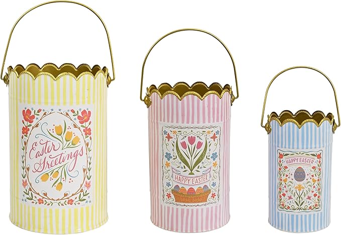 Set of 3 Vintage Floral Metal Bucket, Multi-Size Planters for Flowers & Easter Egg Containers, Rustic Garden & Home Decor