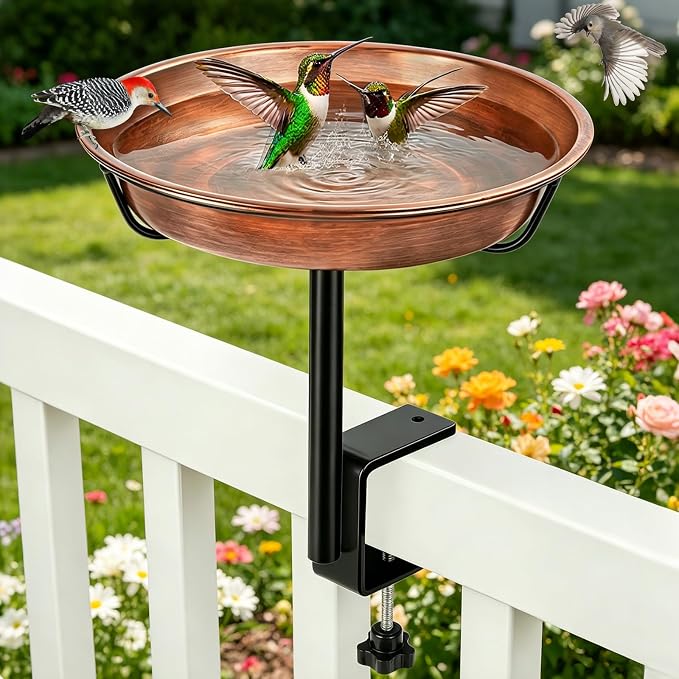 Gtongoko Deck Mounted Metal Bird Bath for Outside, 12 Inch Dia Weather-Resistant Birdbath Bowl for Balcony Fence Railing with Adjustable Clamp Outdoors