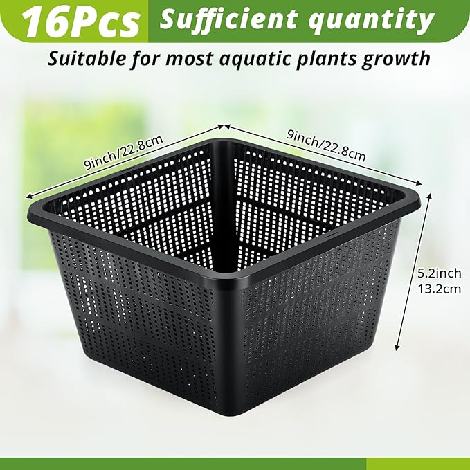 16 Pcs Aquatic Plant Baskets for Hydroponics Water Plant Pots Black Plastic Mesh Basket 9 x 9 x 5.2 Inch Square Pond Containers for Island Live Aquarium Botany Flowers