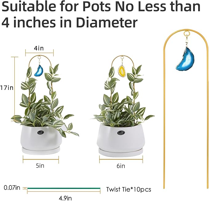 2PCS Small Gold Trellis for Climbing Plants Indoor, Mini Metal Houseplant Climber Support for Potted Plants, Boho Decorative Pot Lattice with Agate for Hoya, Pothos, Ivy, Philodendron
