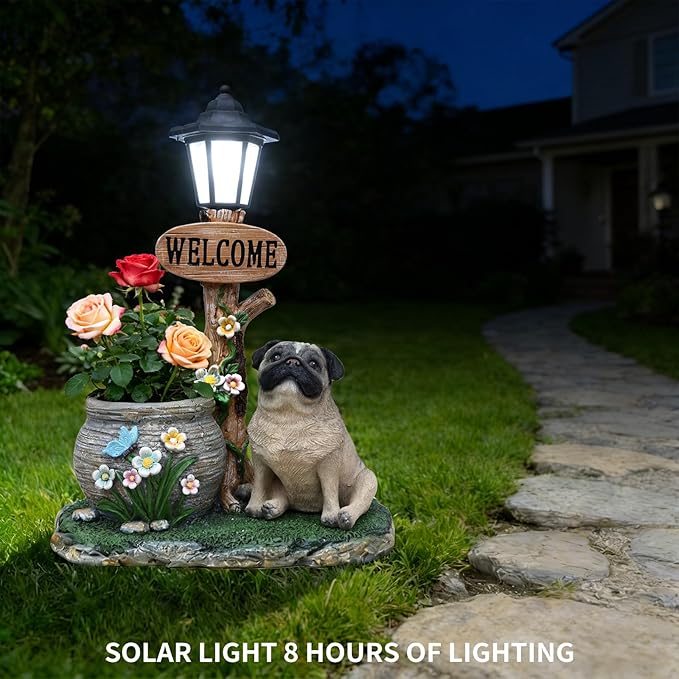 Animal Outdoor Statue Planter Solar Light Welcome Garden Sculpture Resin Flower Pot Decorative Porch Patio Yard Lawn Entryway Figurine with LED Lamp Rustic Plant Holder Ornament Courtyard (O)