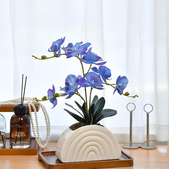 Fake Orchid Plant in White Rainbow Pot, Artificial Silk Phalaenopsis Orchid Flowers for Home Décor, Table Centerpiece, Office Desk (Blue Purple)