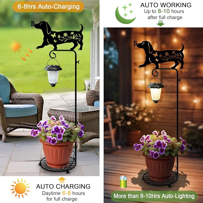 Solar Floor Lamp with Plant Stand Outdoor,Metal Dachshund Dog Garden Decorations,Solar Lanterns Outdoor Front Porch Decor for Deck,Patio,Yard