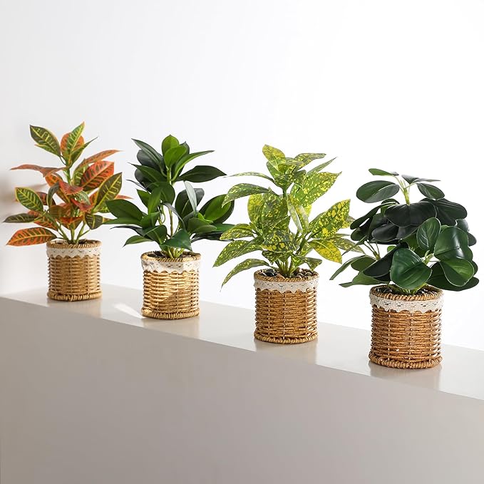 Nubry Fake Plants Artificial Potted Plants with Weaved Pot for Shelf & Table Desk | Perfect for Home Office Bathroom Farmhouse Room Coffee Table Decor 10‘’