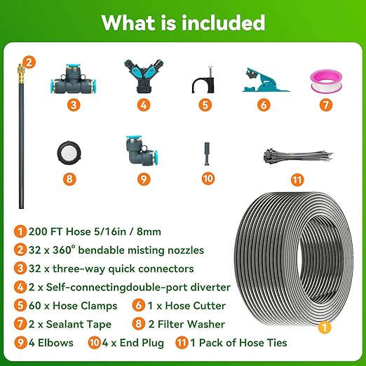 360°Adjustable Drip Irrigation System 200FT,5/16" Extra Long Garden Watering Kit with 32 Copper Nozzles,141Pcs Drip Irrigation Kit，Automatic Atomizing Plant Sprinkler for Large Yard, Greenhouse, Lawn