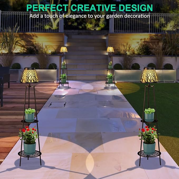 2 Pack Outdoor Solar Floor Lamp with Plant Stand, Waterproof Metal Garden Lights with 2-Tier Shelves, Decorative LED Cordless Patio Lamp for Porch, Deck, Balcony, Yard & Corner Decor (Bronze)