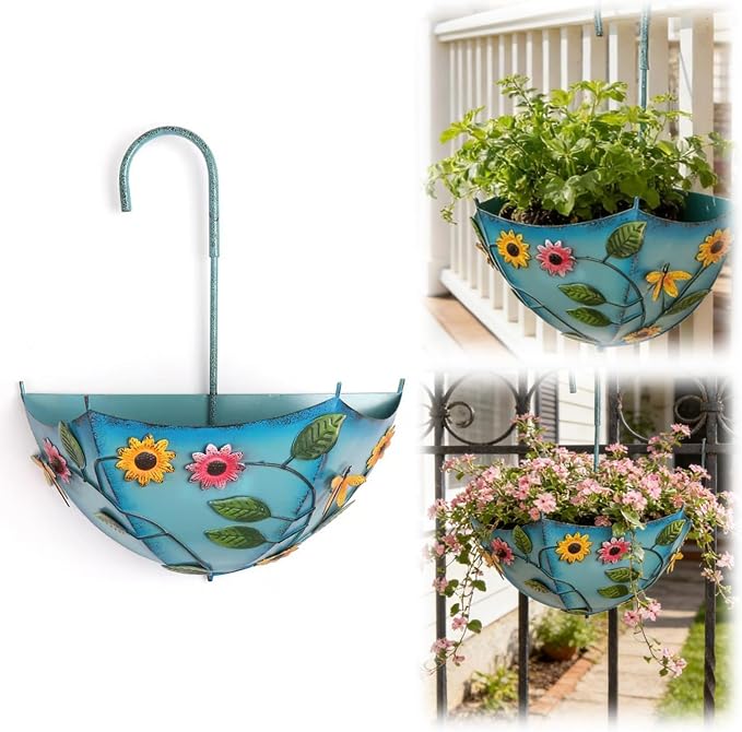 Plant Umbrellas for Outdoor Plants, Farmhouse Umbrella Shaped Wall Hanging Planter – Metal Iron Art with Drainage Holes, No-Drill Rustproof Flower Pot for Yard, Patio, Balcony