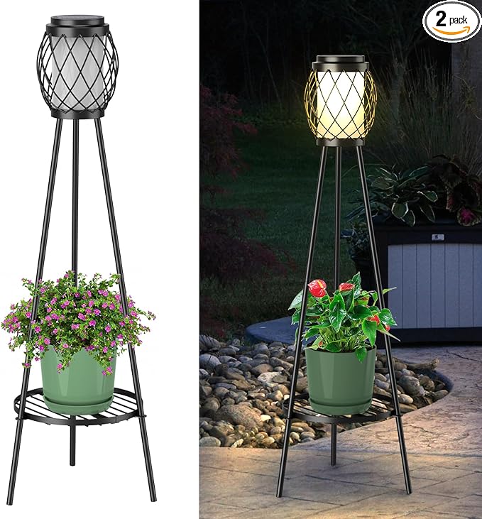 MXwcy 2-in-1 Solar Lights Outdoor with Plant Stand, Waterproof Vintage Solar Floor Lamp & Metal Planter Holder, Tall Geometric Lantern Tripod for Patio, Garden, Yard, Porch Decor (2 Pack)