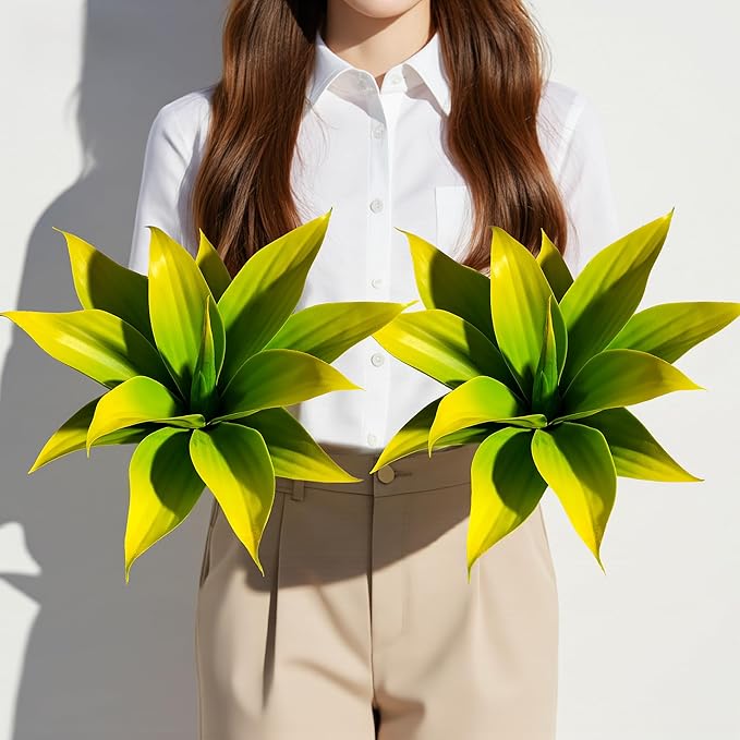 Ttranewsoo Artificial Agave Plants,Large UV Resistant Fake Agave Planters 12" for Indoor and Outdoor Decorating Tropical Plant Succulents Greenery Indoor Decor (2Pack) Yellow