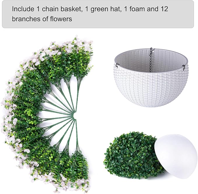HyeFlora Artificial Fake Hanging White Flowers Plants Basket for Outdoor Outside Fall Winter, Faux Silk Daisy UV Resistant Look Real for Christmas Porch Patio Balcony Home Yard Decoration