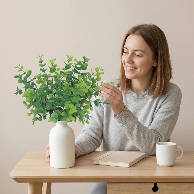 12" Artificial Sage Eucalyptus Stems Potted Plant - Realistic Small Fake Desk Plants for Office Home Decor, Faux Plants in Frosted Ceramic Vase for Indoor Spaces, Table Decor（7 pcs）