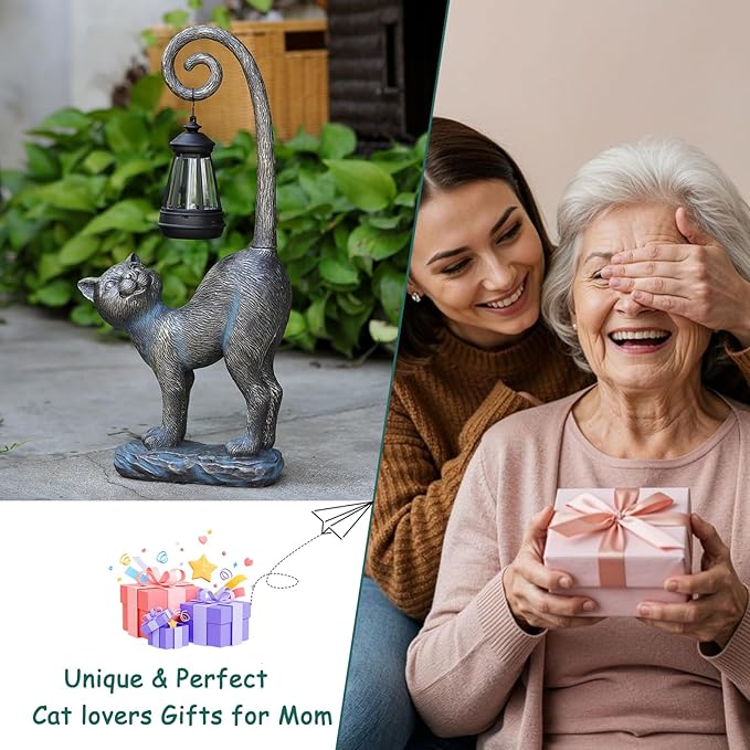 Outdoor Spring Decorations Gifts Cat Garden Statues with Solar Lights, Home Decor Cat Figurines for Lawn,Patio,Balcony,Porch,Yard Art Ornament- Birthday Gifts for Women Grandma Sister