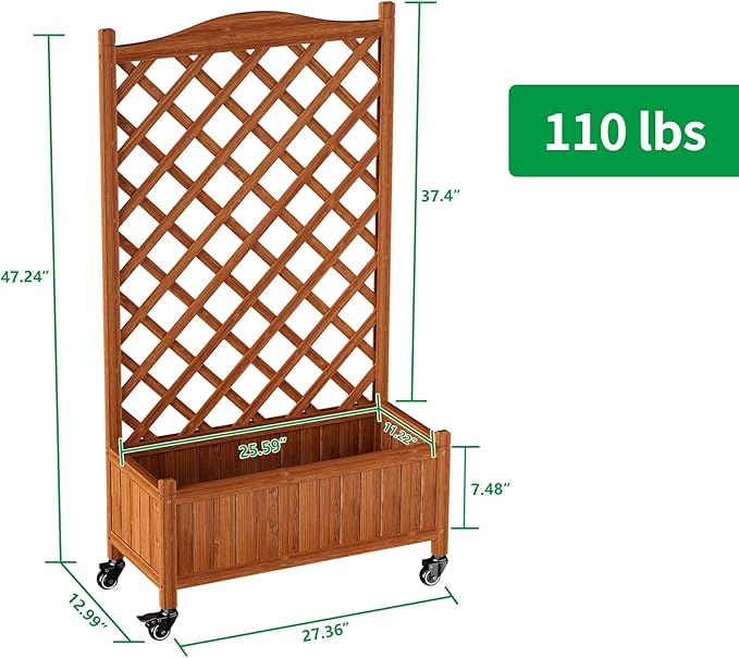 Upgraded 2-Pack 50" Tall Trellis Planter Box with Wheels, 49.8"H × 27.6"W × 13.0"D Solid Fir Wood Raised Garden Bed & Lattice Privacy Screen, Rolling Planter with Drainage for Patio/Garden
