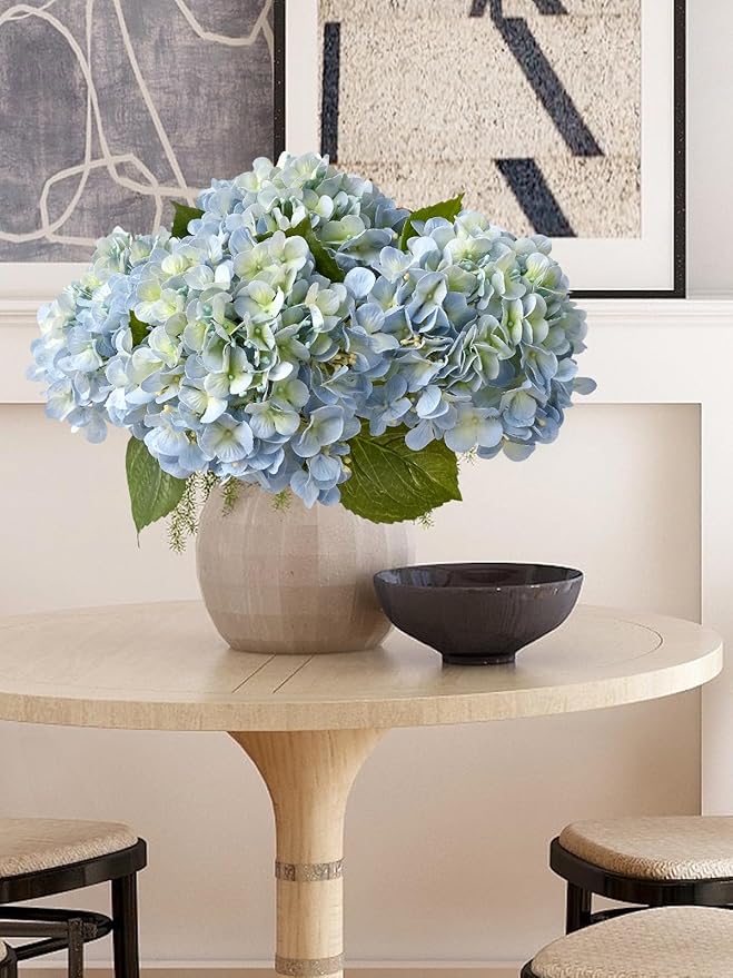 ZYTUYO 20" 4PCS Artificial Light Blue Hydrangea Flowers Large Faux Latex Real Touch Fake Hydrangeas Silk Bouquet with Leaves Stems for Family Table Office Wedding Party Arrangements