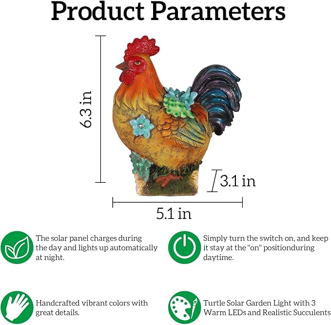 Solar Garden Statues Colorful Rooster and LED Lights Birthday Gifts for Women Mom Grandma Solar Outdoor Cat Decor for Outside,Outdoor Solar Lights for Yard, Garden and Patio, Unique Gift for Women