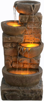 Teamson Home 33.27" Cascading Bowls & Stacked Stones LED Water Fountain for Outdoor Living Spaces, Brown