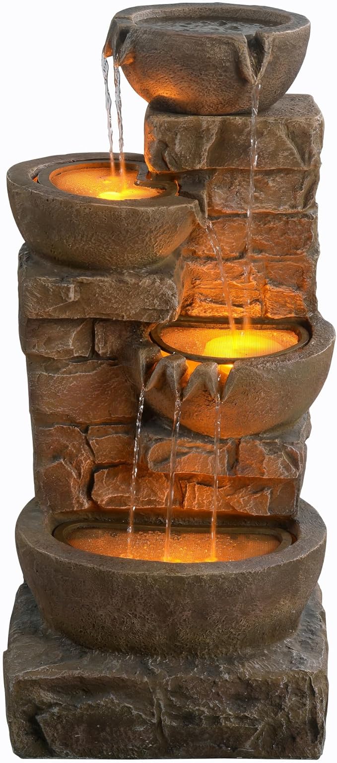 Teamson Home 33.27" Cascading Bowls & Stacked Stones LED Water Fountain for Outdoor Living Spaces, Brown