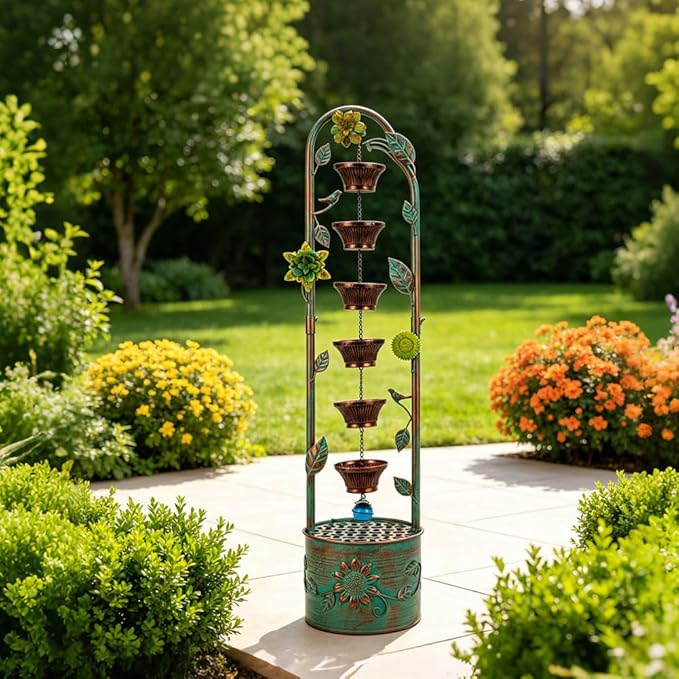40" Vintage Metal Floor Water Fountain - Soothing Waterfall Outdoor Fountains with 6 Hanging Cups for Garden Patio Backyard Deck Decor, 1105 - Rusty Bronze Leaves