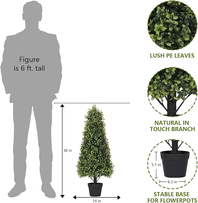 3ft Artificial Boxwood Topiary Trees (Set of 2) - UV Resistant Faux Plants Outdoor, Realistic 36in Fake Cone Bushes and Shrubs for Front Porch, Planter, Patio, Evergreen