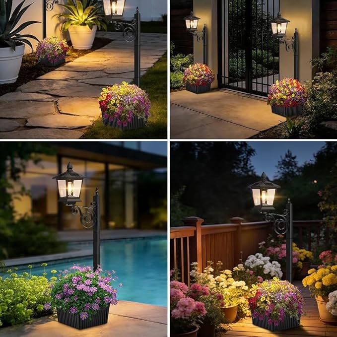 2 in 1 Outdoor Flower Pots for Real or Fake Flowers, Solar Lamp with Planter Base, 27” Wall Mount Decorative Light for Front Porch, Waterproof LED Light for Garden, Patio, Backyard