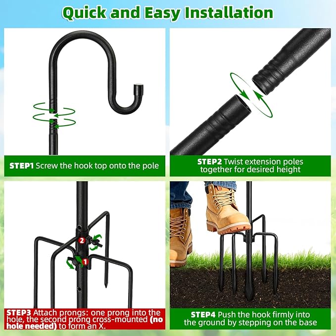 COCONUT 62" Shepherds Hooks for Outdoor, Bird Feeder Pole with 5 Prong Base, Adjustable Height Shepherds Hook for Hummingbird Feeder, Bird Feeder, Lightweight Plant, Wind Chimes, Lanterns (1 Pack)