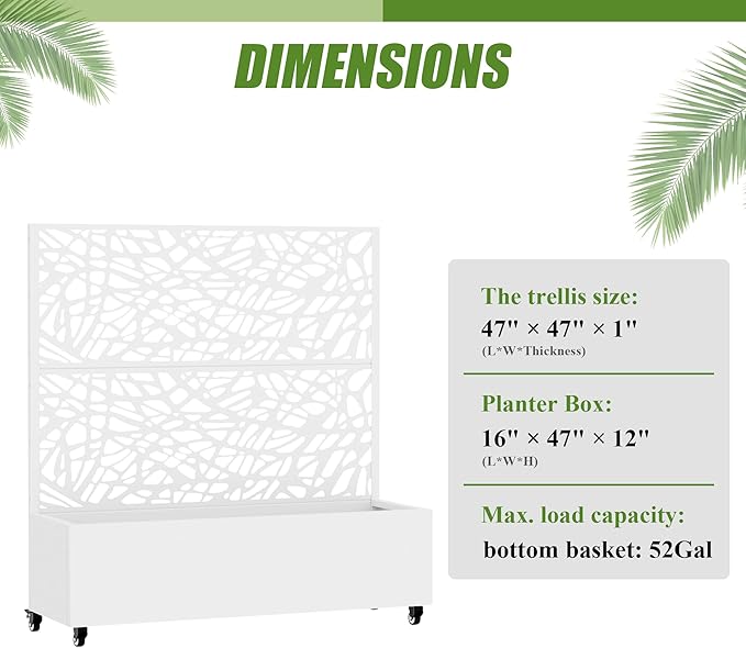 Casaphoria Metal Raised Garden Bed with Trellis and Wheels, 47"x47"x16" Planter Box for Climbing Plants, Vegetables & Vines, Features Drainage Holes and Privacy Screen, White-Net
