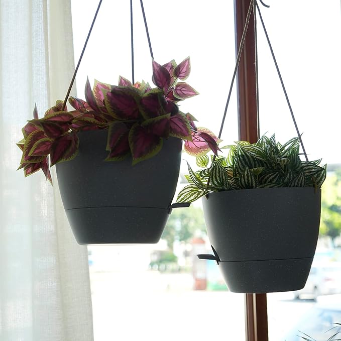SwinDuck 10 Inch Self Watering Hanging Pots, 2 Pack Hanging Planters with 40oZ Deep Reservior for Indoor Outdoor Plants Flowers, Grey