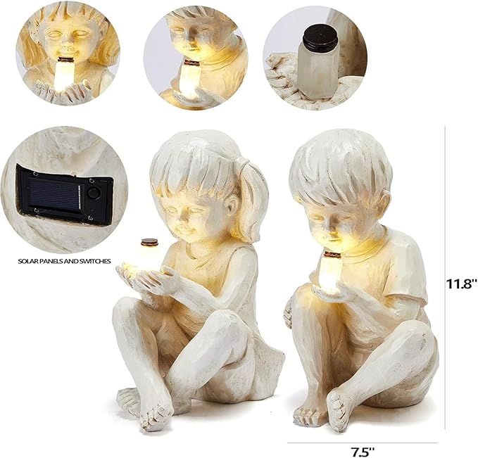Large Garden Children Statues Light Up Firefly Jar Solar Powered | Set of 2 Figurines | Girl & Boy Garden Yard Art Décor, Indoor & Outdoor Ornament Gifts for Lawn, Patio , 7.5" W x11. 8”H Cream Gift