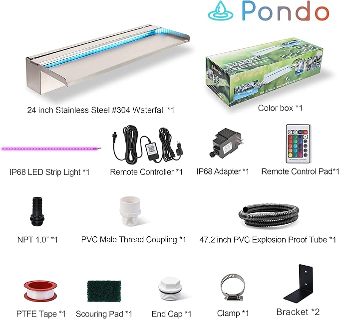 PONDO Pool Waterfall 24" APP with 16 Colors LED Lights, Stainless Steel Pond Fountain Set for Outdoor Decorations, Patio Waterfall Spillway Kit on The Wall for Garden, Easy Installation