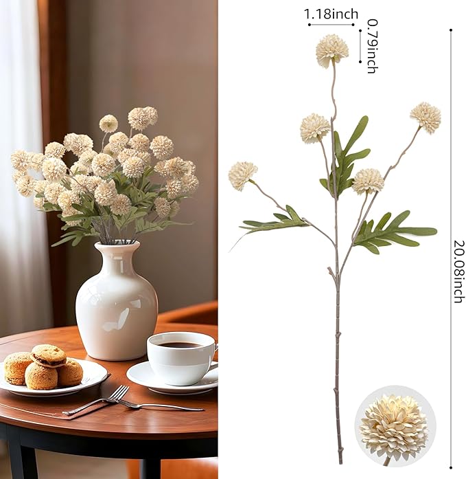 10 Pcs Artificial Flowers Pompon Mum Fake Flowers, Faux Small Mini Chrysanthemum Flowers, Realistic Faux Flowers for Room Decor Aesthetic, Living Room Farmhouse House Decor, Beige