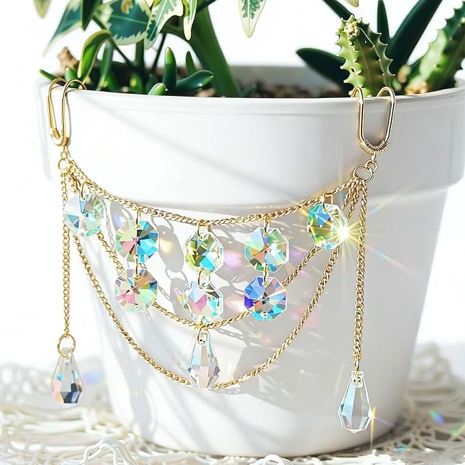 Crystal Beaded Plant Hanger | Rainbow Refraction Decor for Pots | Indoor Outdoor Hanging Chain | Home, Balcony, Office, Garden Gifts