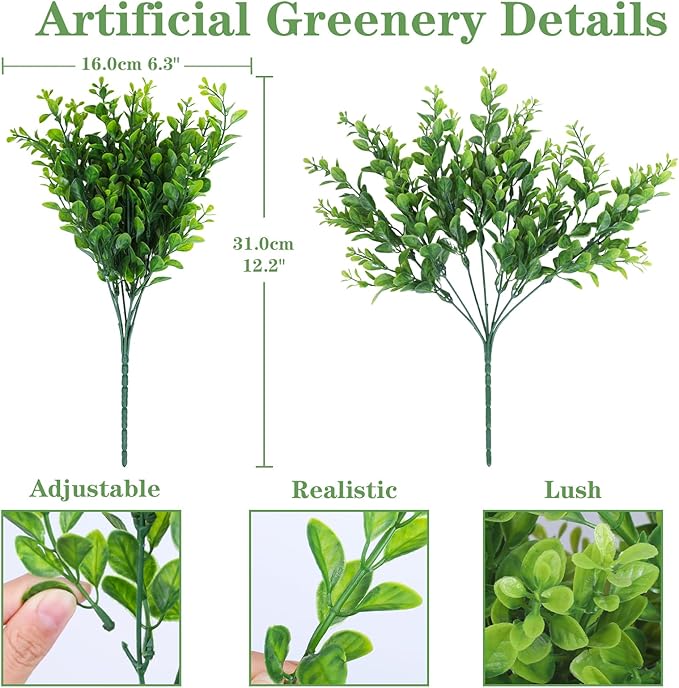 20 Bundles Artificial Plants Fake Greenery for Outdoor Spring Summer Decoration, UV Resistant Realistic Faux Shrubs Stems No Fade Plastic Boxwood for Planter Garden Patio Balcony Porch Backyard Indoor