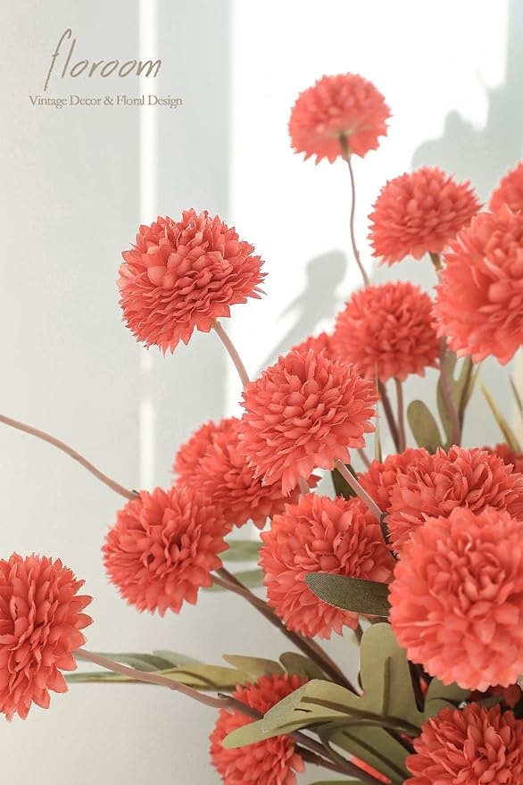 Floroom 5pcs Coral Orange Faux Silk Mums Artificial Flowers, Bulk Fake Small Mini Chrysanthemums with Stems for DIY Wedding Centerpieces Floral Arrangements Vase Fillers Home Decorations