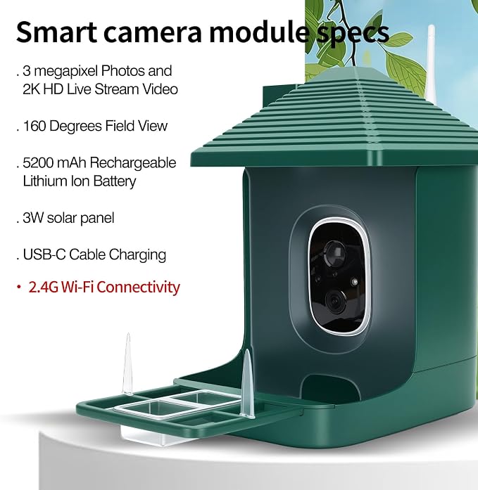 Bird Feeder with Camera,Smart Watching Birds,AI Identify Species 2K Live Video,2.4GHZ WiFi Solar Birds House Cameras for Outdoors,Motion Detection Instant Arrival Alerts,Ideal Present for Birds Lovers