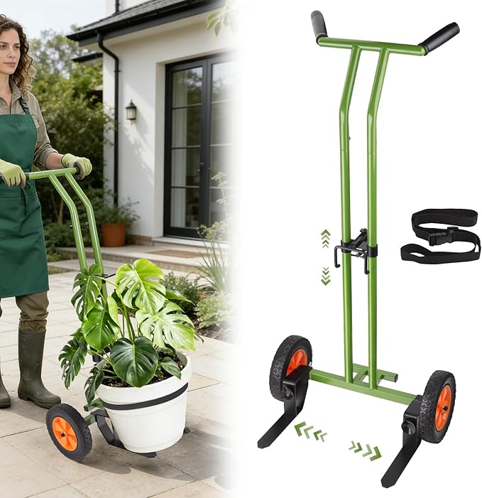 Plant Caddy with Wheels, Heavy Duty Plant Dolly, 200LBS Garden Pot Mover for 5"-16" Planters, Adjustable Arm with Suction Cups & Strap, Upgraded Handle, Indoor Outdoor
