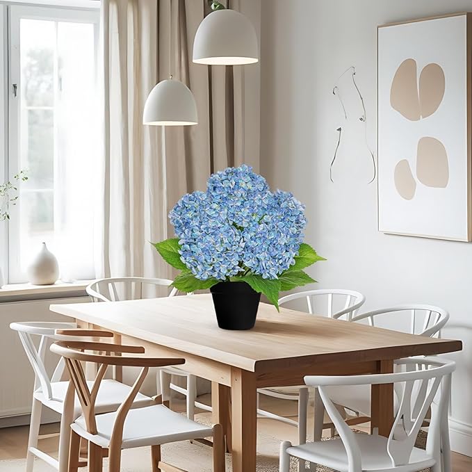 18" Hydrangea Artificial Flowers Plant in Black Plastic Pot, Fake Hydrangeas Plants for Home Office Indoor Outdoor Decor, Realistic Floral Centerpiece for Living Room & Porch Decorations, Blue