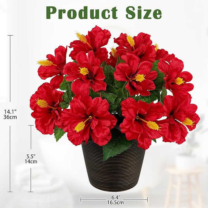 Briful Artificial Hibiscus Flowers in Brown Pot, 14.1" Faux Tropical Flower Plant for Outdoor Porch, Potted Red Hibiscus Tabletop Decor for Living Room, Dining Table, Office, Indoor Home Décor