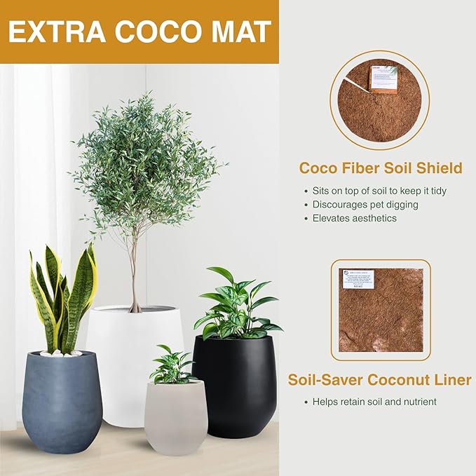 12.5" H x 11.5" D Premium Ribbed Corso Fiberstone Round Tapered Planter with Drainage Hole, Weather Resistant, Included 2 Extra Coco Mats (Ribbed Speckled White, 9" Pot Opening)